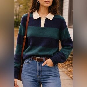 Zara Wool Blend Striped Rugby Sweater Green Navy Collared Medium